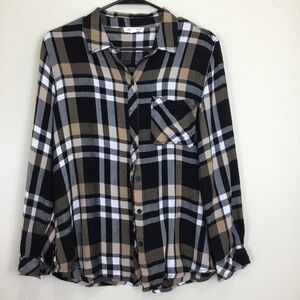 Beach Lunch Lounge Top Womens XL Plaid Flannel Button Up Long Sleeve